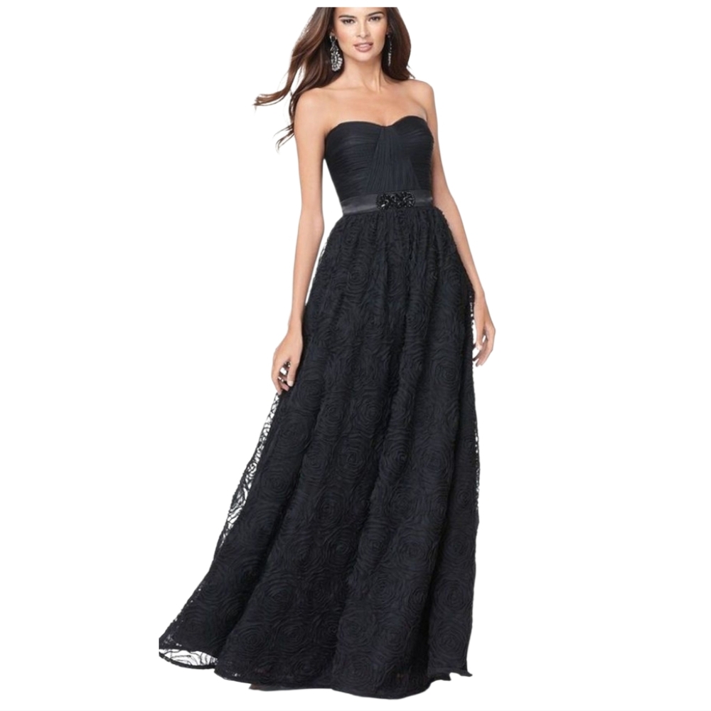 Adrianna Papell Black Pleated Jeweled Rosette Formal Evening Gown Size 14 EUC